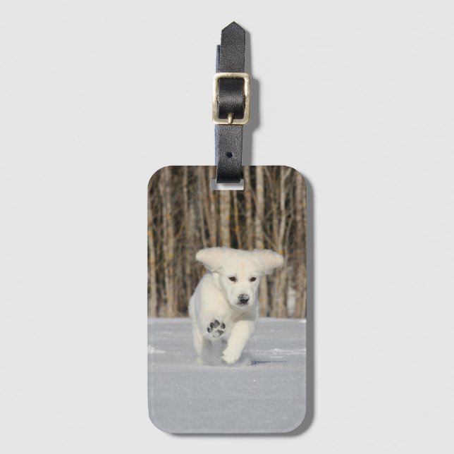 White Golden Retriever Puppy in Snow Luggage Tag (Front Vertical)