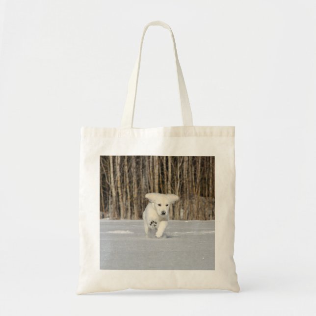 White Golden Retriever Puppy in Snow Tote Bag (Front)