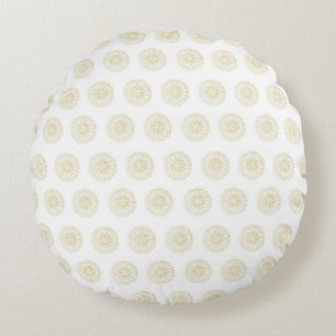 White   Golden Zinnia Flower Medallions Round Cushion