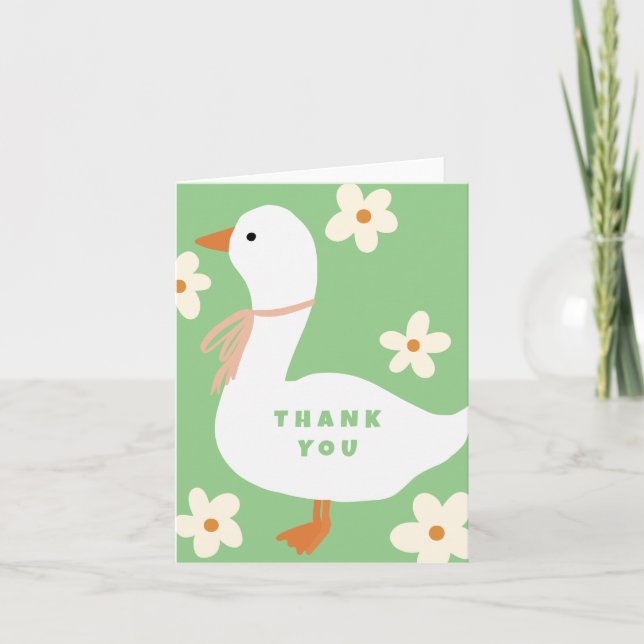 White Goose and Daisies Thank You Green Invitation (Front)