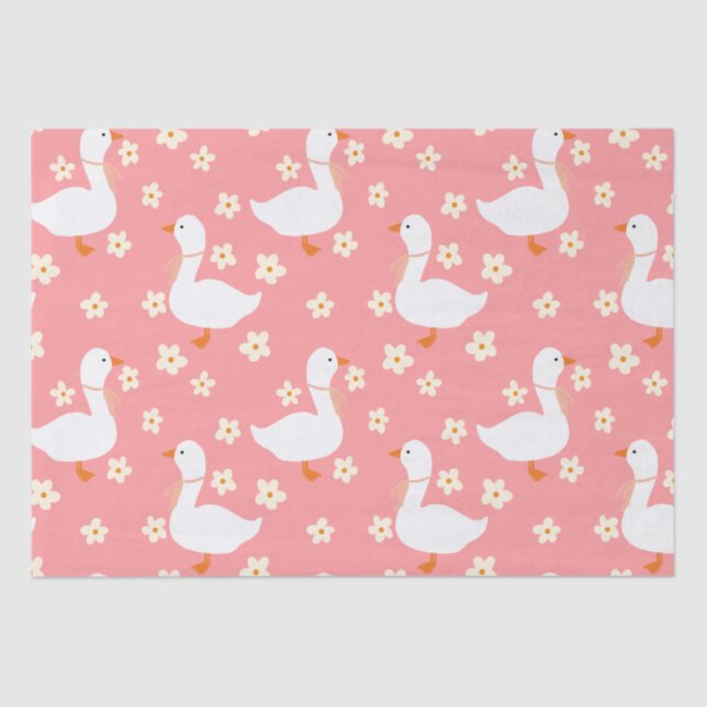 White Goose and Daisies Thank You Pink Tissue Paper (Front)