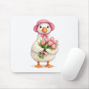 White Goose Holding Pink Tulip Bouquet Mouse Pad