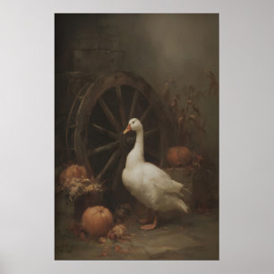 White Goose Near Wagon Wheel With Pumpkins, Gothic Poster
