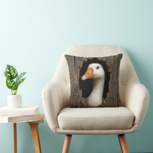 White Goose Peeking From Jagged Wood Hole Cushion