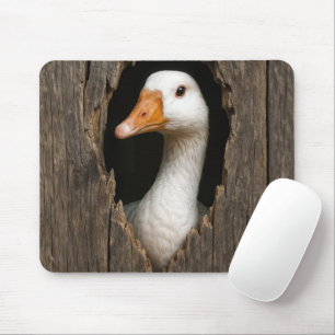 White Goose Peeking From Jagged Wood Hole Mouse Pad