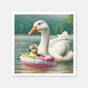 White Goose With Gosling In an Inflatable Ring Napkin