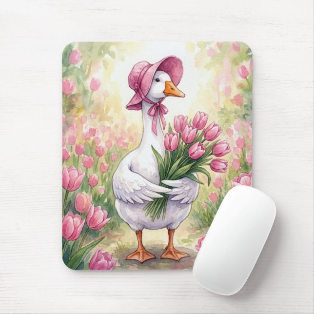 White Goose With Pink Tulips Mouse Pad (With Mouse)