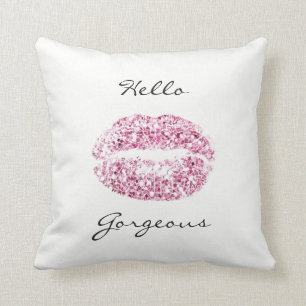 White Gorgeous Sparkly Pink Kiss Lips Glitter Cushion
