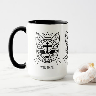 White Goth sugar skull kitty cat with your name Mug