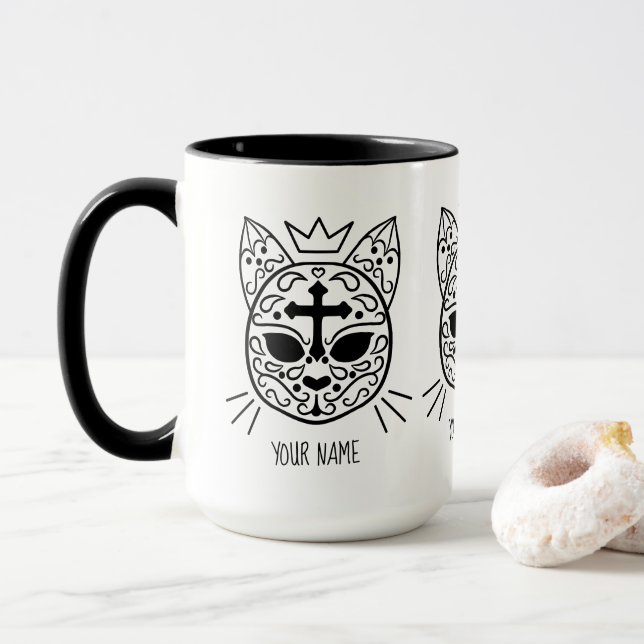 White Goth sugar skull kitty cat with your name Mug (With Donut)