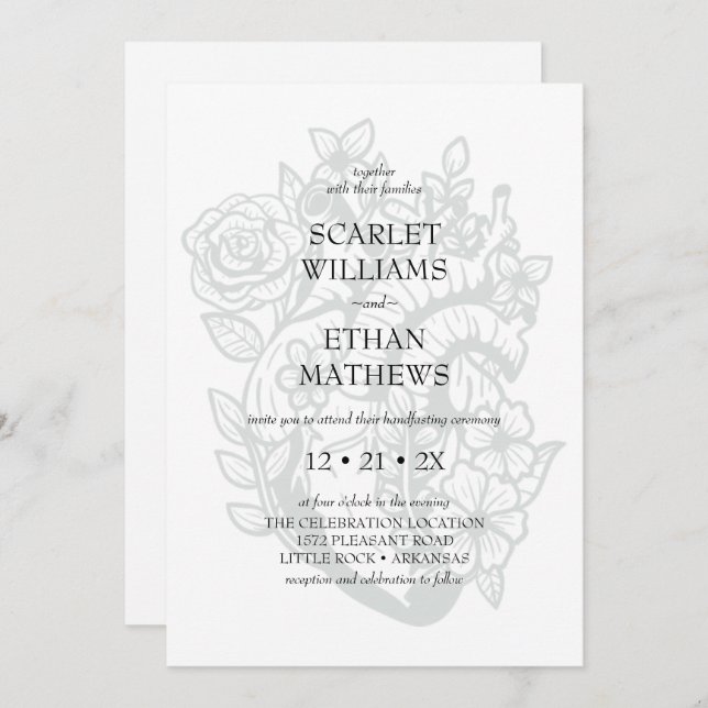 White Gothic Floral Heart Bloom Handfasting Invitation (Front/Back)