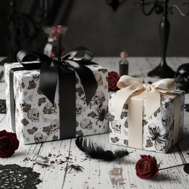White Gothic Skulls and Roses Floral Wrapping Paper (Gothic Black and White Floral Skulls Wrapping Paper. Vintage Dark Skull Roses Halloween Pattern)