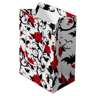 White Gothic with Red Roses, Bats, and Skulls Medium Gift Bag