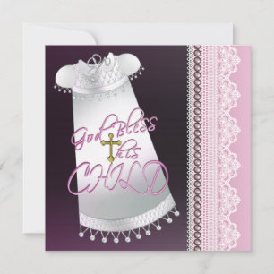White Gown Cross Baby Girl Pink Black Christening Invitation