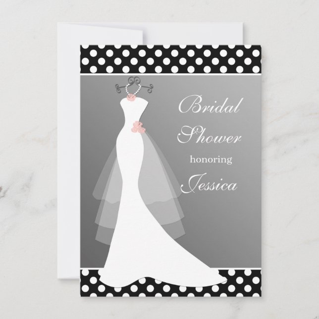 White gown on grey, polka dot Bridal Shower Invitation (Front)