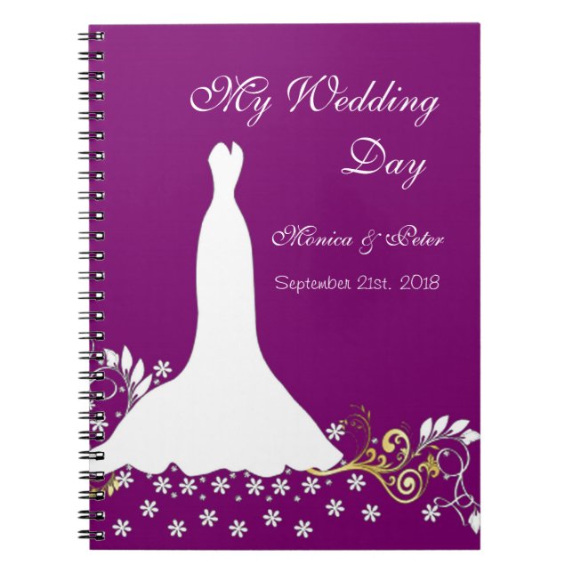 White gown, swirls on purple Wedding Notebook (Front)