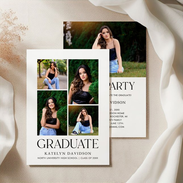 White Graduate Four Photo Collage Black Grad Party Invitation (Creator Uploaded)