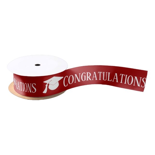 White Graduate Hat | Congratulation Dark Red Satin Ribbon (Spool)
