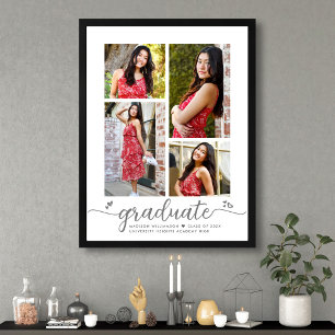 White Graduation 4 Photo Grey Script Hearts Girly Poster
