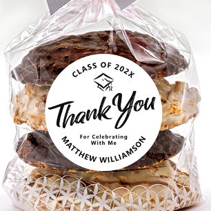White Graduation Bold Black Script Cap Thank You Classic Round Sticker