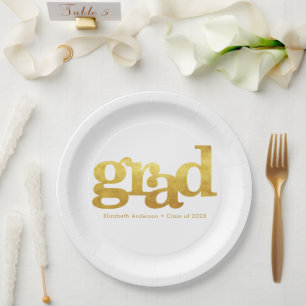 White graduation bold gold foil typography modern paper plate
