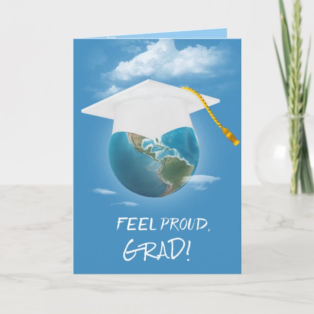 White Graduation Cap on Planet Earth Card (Front)