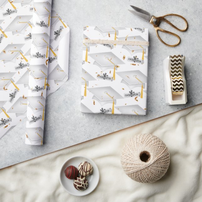 White Graduation Caps with Diplomas Wrapping Paper (Crafts)