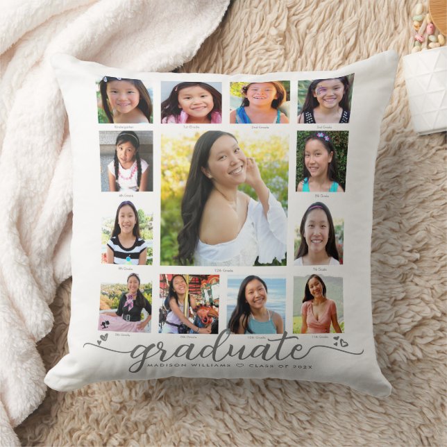 White Graduation K–12 Modern Script Photo Collage  Cushion (Blanket)