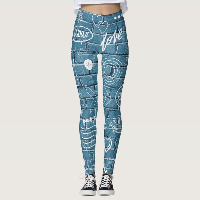 White graffiti on blue wall modern text art  leggings (Front)