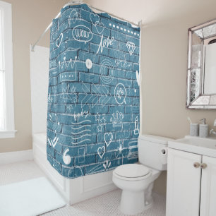 White graffiti on blue wall modern text art shower curtain