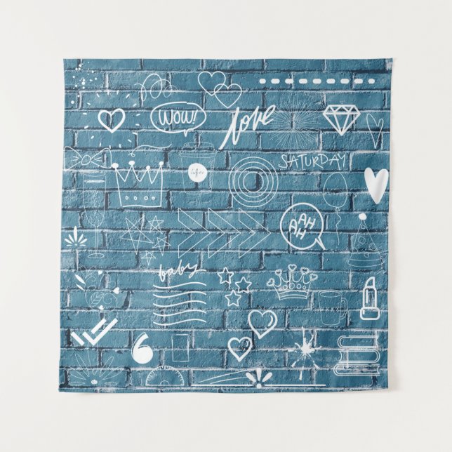 White graffiti on blue wall modern text art  tapestry (Front)