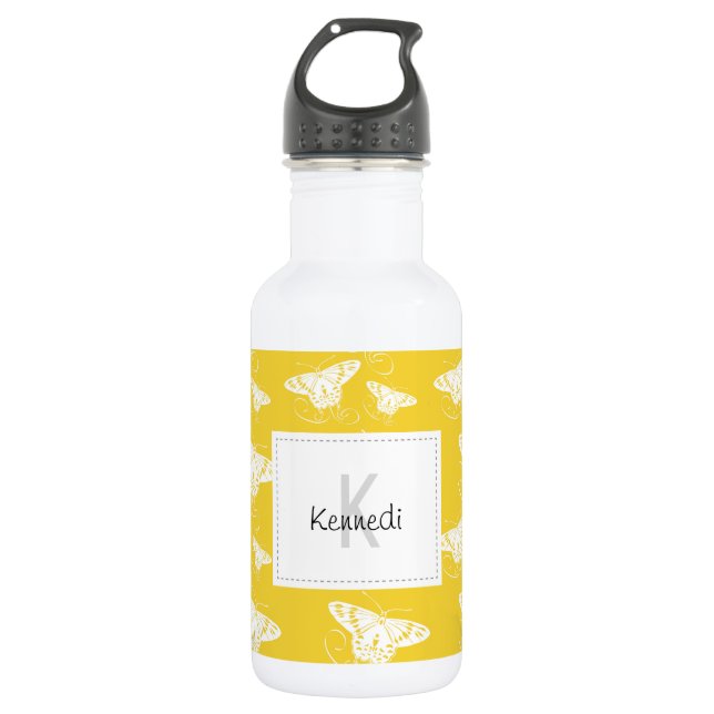 White Graphic Butterflies on Bright Yellow 532 Ml Water Bottle (Front)
