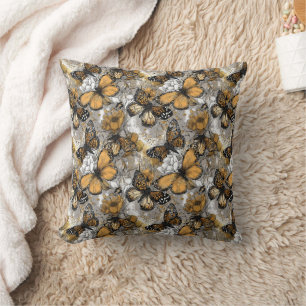 White Gray Gold Elegant Floral Monarch Butterfly Cushion