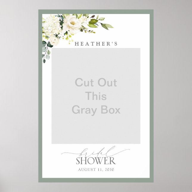 White Gray Green Floral Bridal Shower Photo Booth Poster (Front)