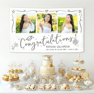 White Gray Hand Drawn Doodles Graduation 3 Photo Banner