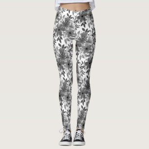 White & Gray Monochromatic Floral Pattern   Leggings