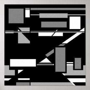 White Gray on Black MCM Look Geometric Abstract Poster