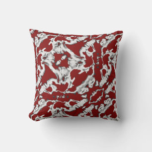White Gray on Dark Red Ornate Diagonal Motif Cushion