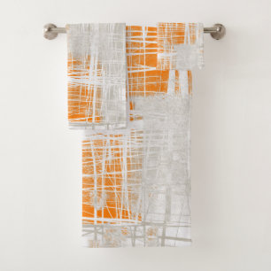 White gray orange abstract bath towel set