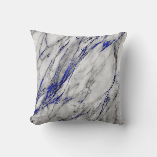 White Gray Sapphire Blue Navy Marble Glam Cushion (Front)