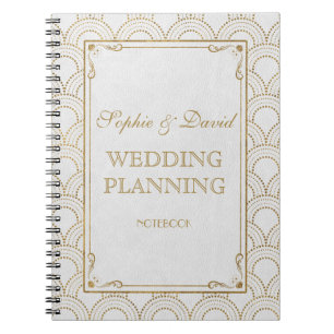 White Great Gatsby Art Deco Gold Wedding Planner Spiral Notebook