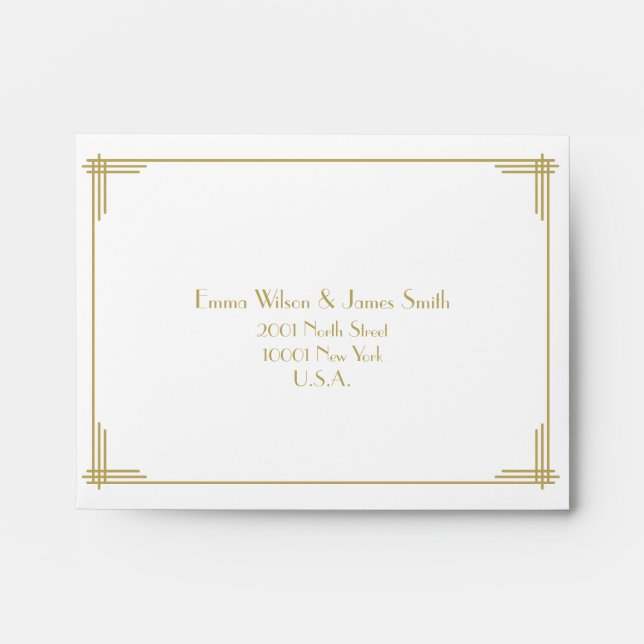 White Great Gatsby Art Deco Wedding RSVP Envelopes (Front)