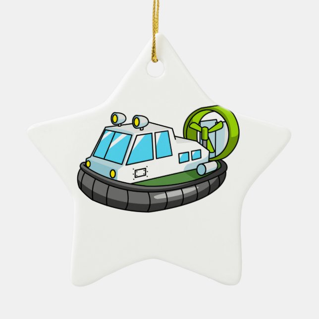 White, Green, and Black Cartoon Hovercraft Ceramic Tree Decoration (Front)