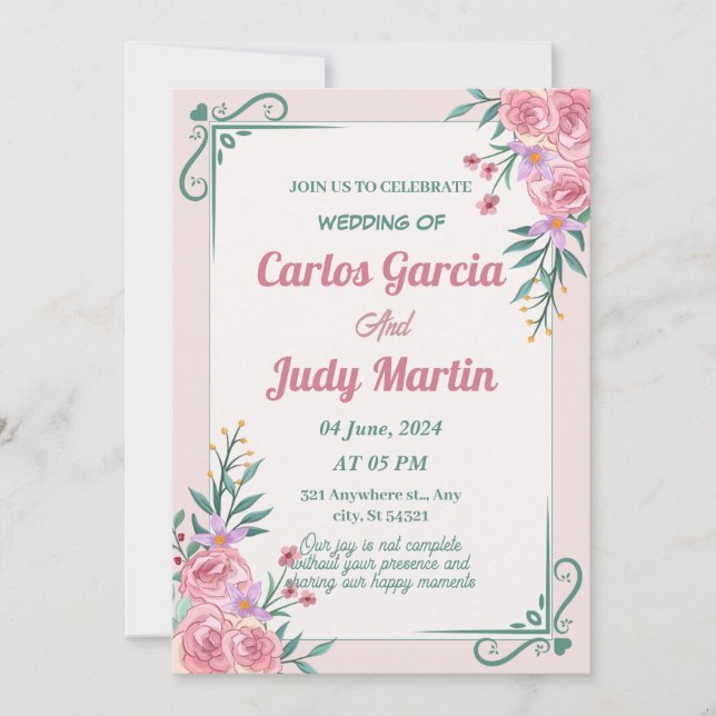 White green and Pink watercolor wedding Invitation (Front)