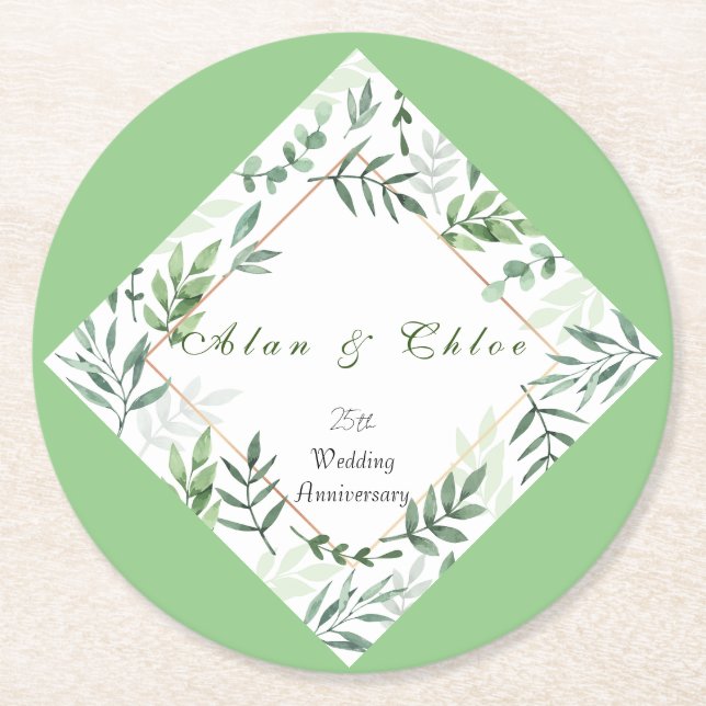 White Green Botanical 25th Wedding Paper Coaster (Front)