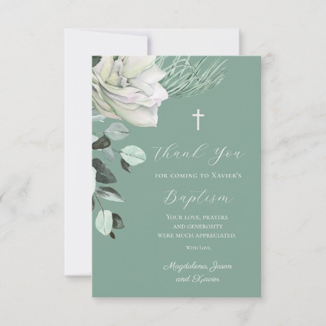  white green bouquet  Baptism Thank You Card (Front)