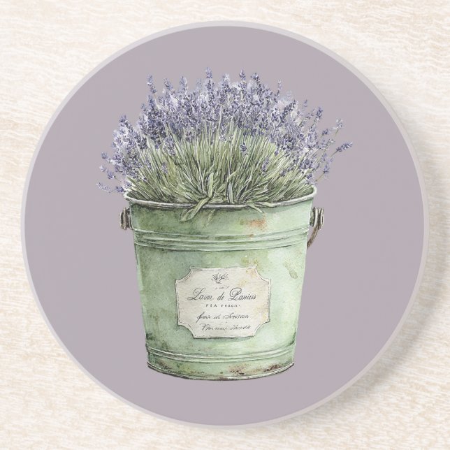 White Green Bucket Lavender Flowers Coaster (Front)