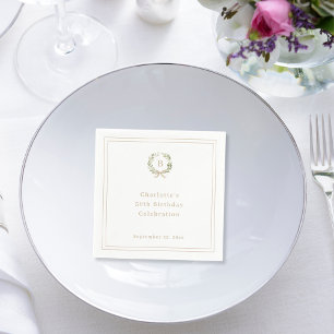 White green champagne monogram wreath birthday napkin