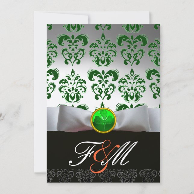 WHITE GREEN DAMASK & SHAMROCK MONOGRAM GOLD Orange Invitation (Front)