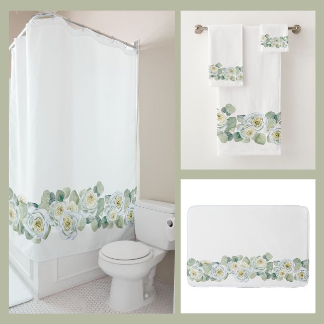 White green delicate watercolor roses leaves shower curtain (Creator Uploaded)